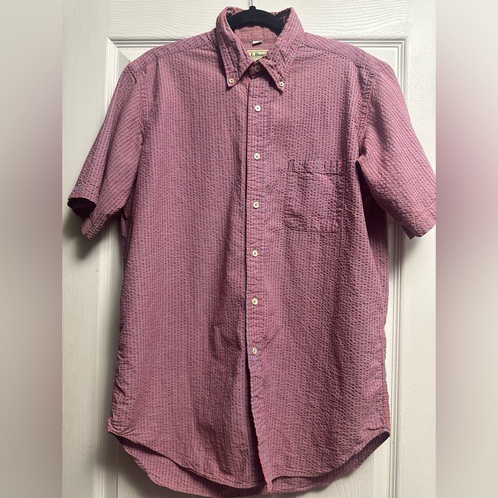 Men’s Vintage LL Bean Seersucker Button Down Shirt Size Large Long
